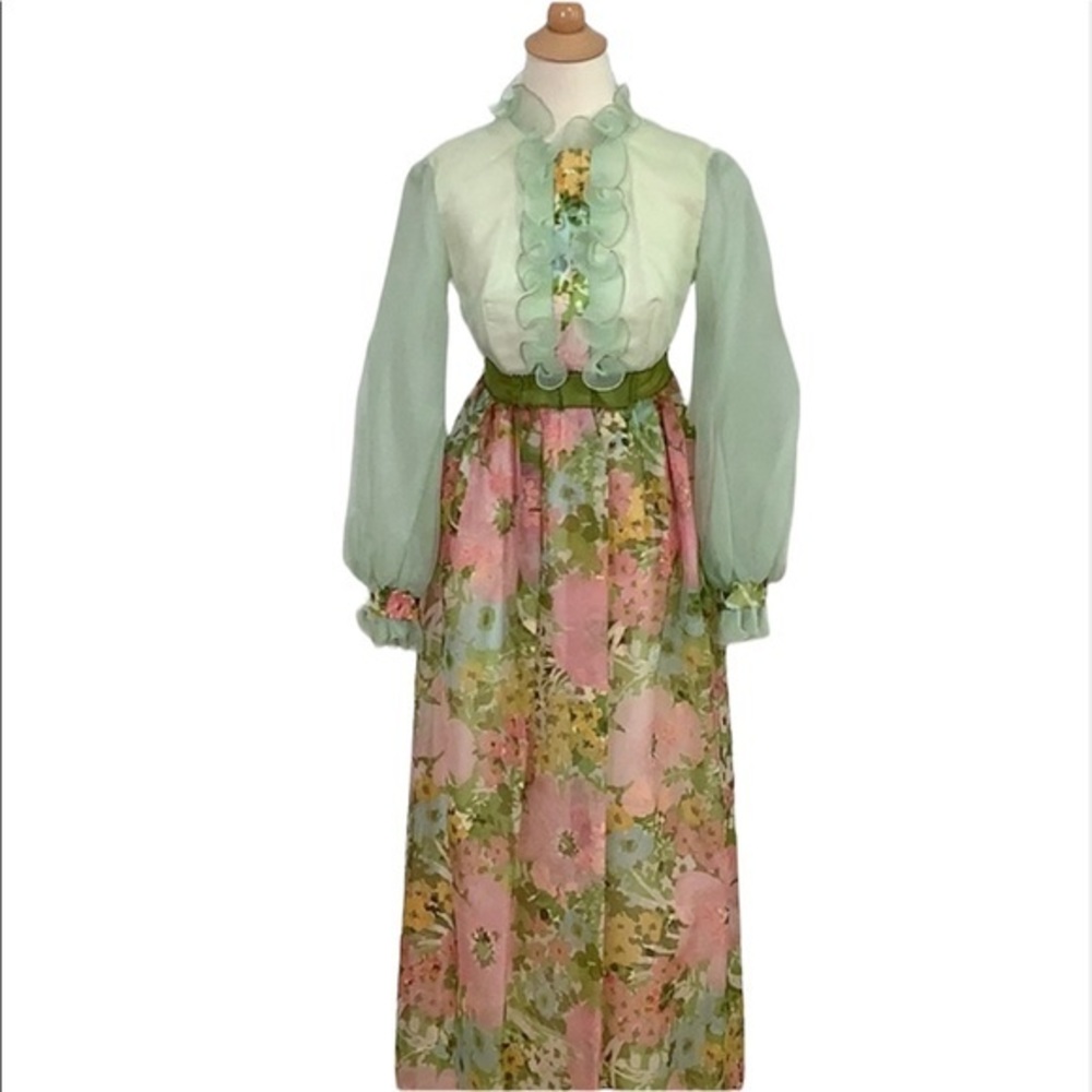 Vintage Sylvia Ann 1960’s floral front ruffles shear sleeves maxi dress size 8